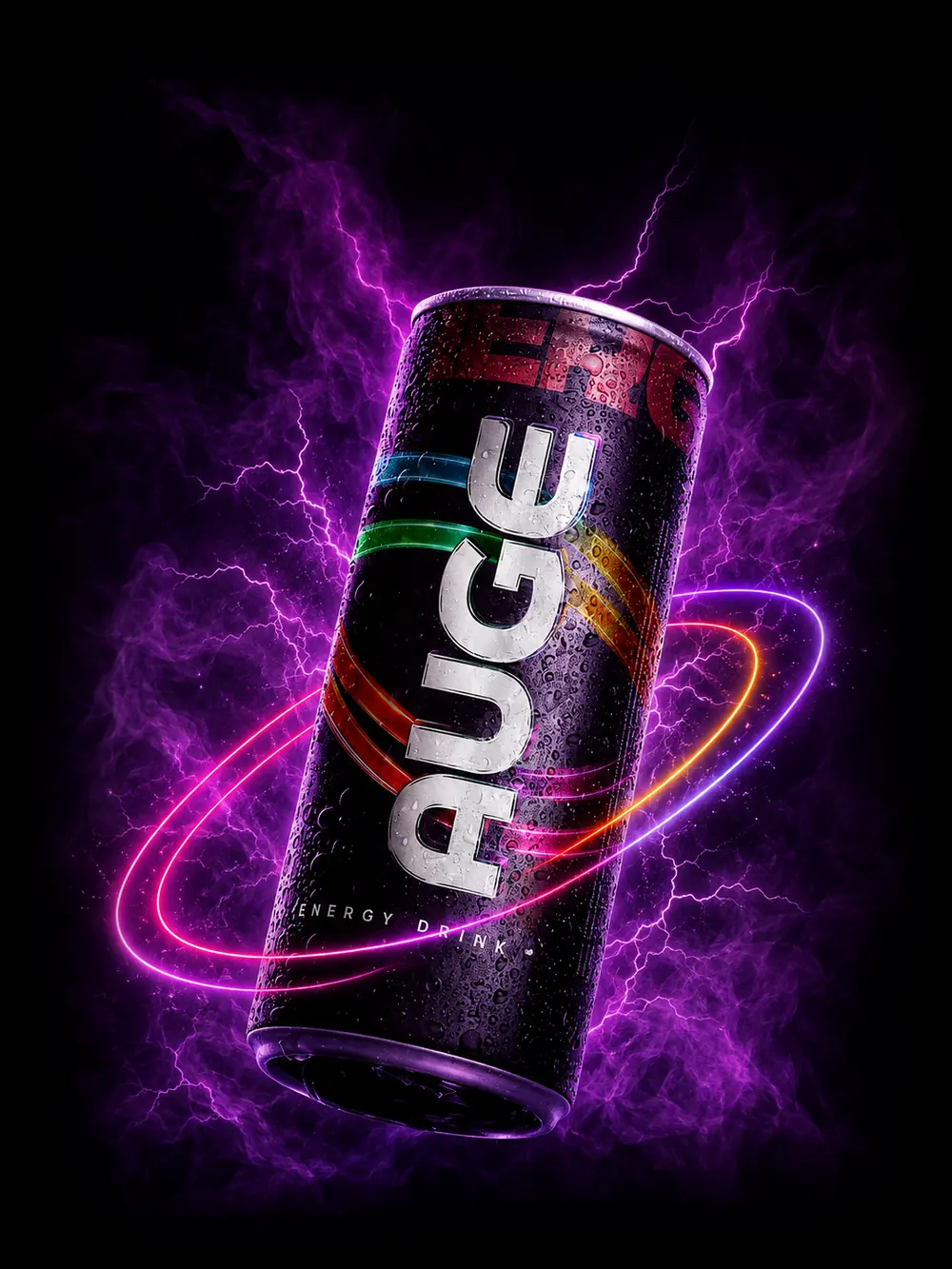 Lata de AUGE Energy Drink envolvida por anéis de luz coloridos